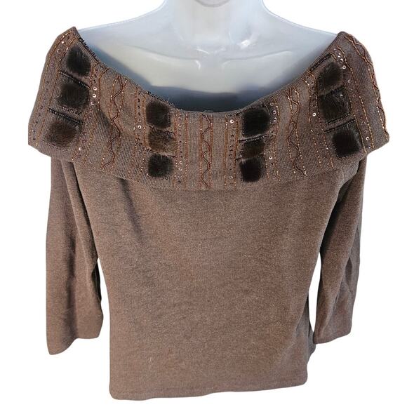 Escada Vintage Brown Faux Mink Knit Sweater Sz 8/10 Beaded Sequin Cowl Neck - Picture 4 of 6